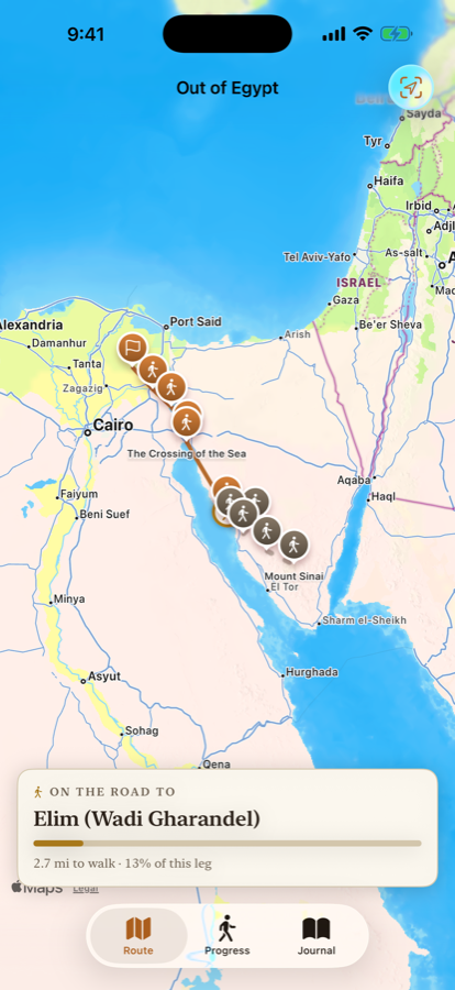 The Exodus route drawn across the Nile Delta and into Sinai.