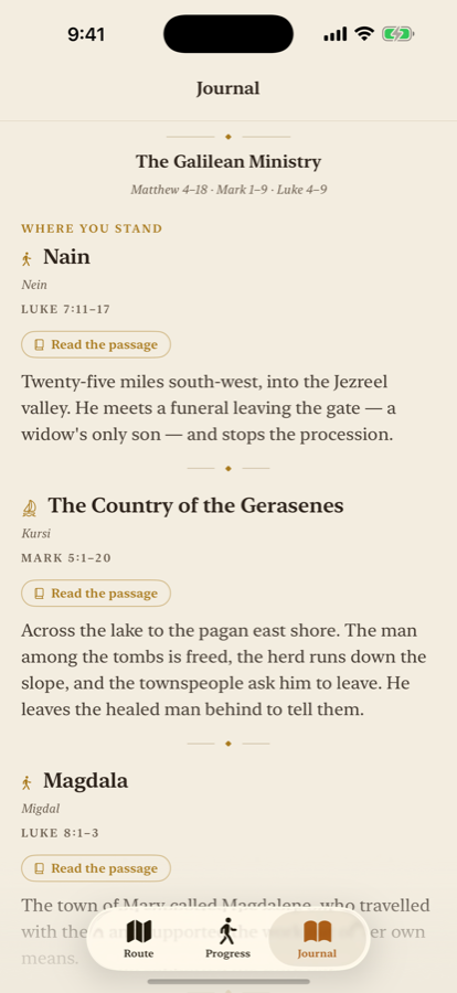 The journal, showing places reached with their scripture references.