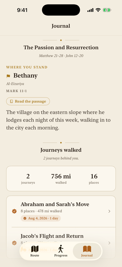 The journal's library, showing two journeys walked, the miles and places they add up to, and a completed journey marked with the day it was finished.