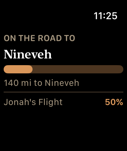 The Apple Watch companion for Jonah's Flight, showing the road to Nineveh, 140 miles to go, and progress at 50 percent.